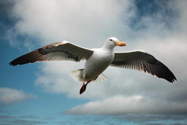 albatros volando en el cielo azul con nubes blancas en el fondo