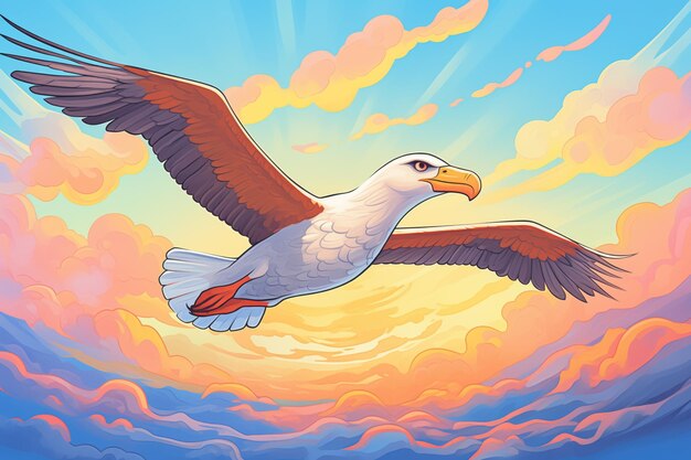 Foto albatros en vuelo en medio de un cielo de colores de puesta de sol