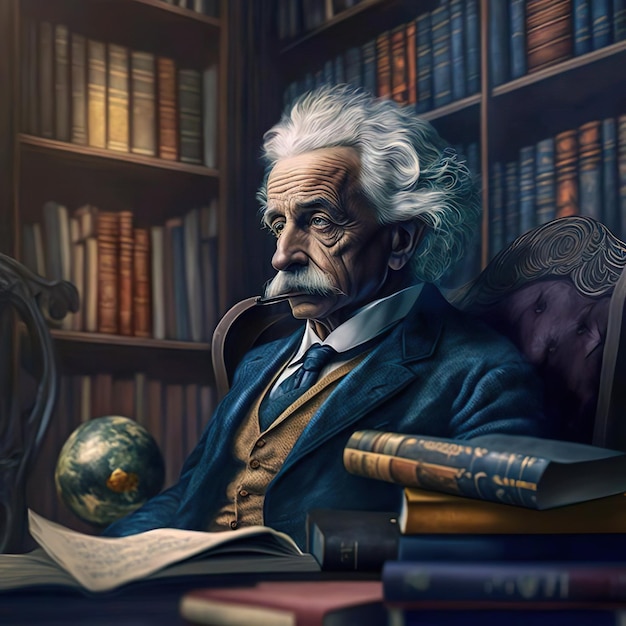 Albert Einstein en una biblioteca