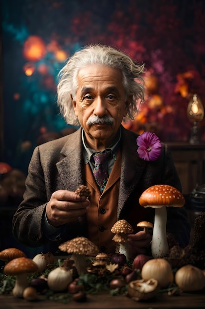 Albert Einstein com cogumelo mágico na mão tendo uma nova ideia