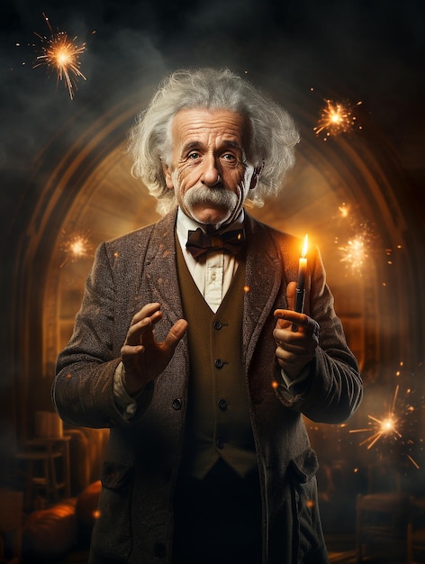 Albert Einstein con el fondo cósmico de la ciencia