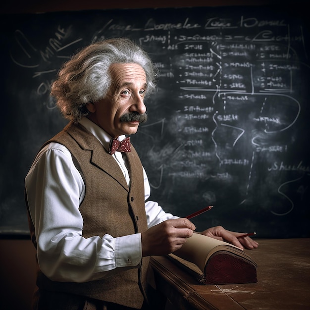 Albert Einstein de la parte de atrás escribiendo en una pizarra de la universidad