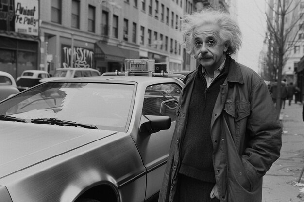 Foto albert einstein posando para una foto junto al coche delorean