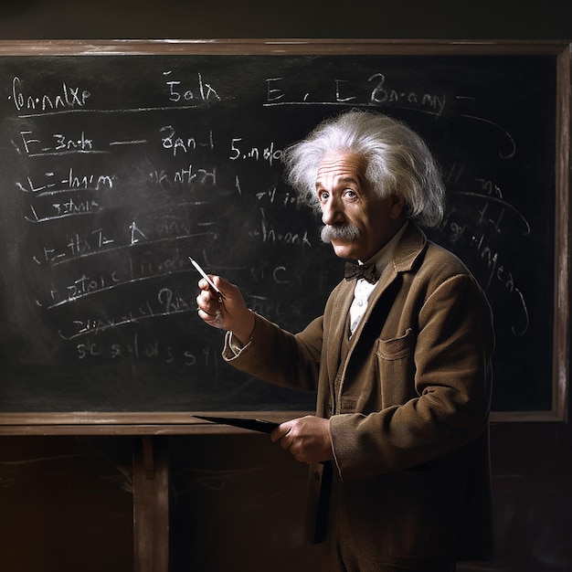 Albert Einstein von hinten auf einer College-Schreibtafel