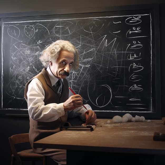 Albert Einstein von hinten auf einer College-Schreibtafel