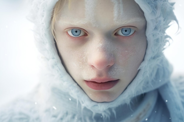 Albino-anthropomorphe Persönlichkeitsporträt mit blauen Augen im Schnee realistisch detaillierte Fotografie