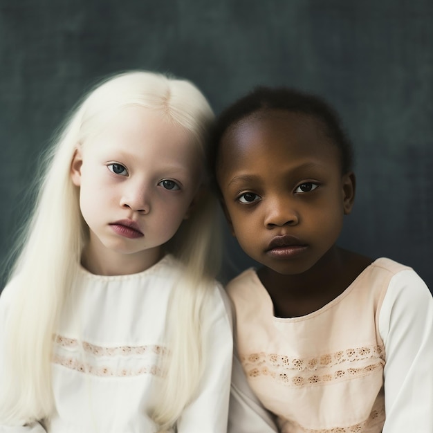 Albino dos chicas africanas una de piel oscura la otra un albino con piel blanca y cabello rubio