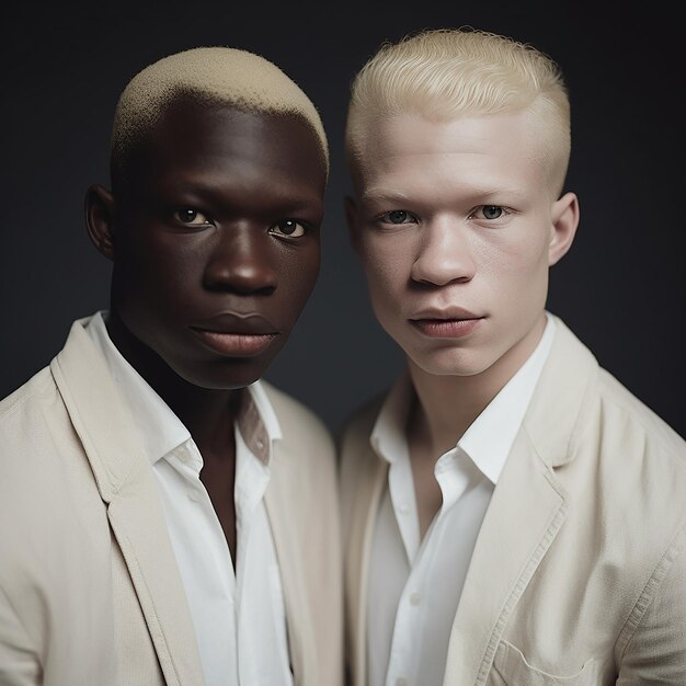 Albino dos hermanos africanos uno de piel oscura el otro un albino con piel blanca y cabello rubio