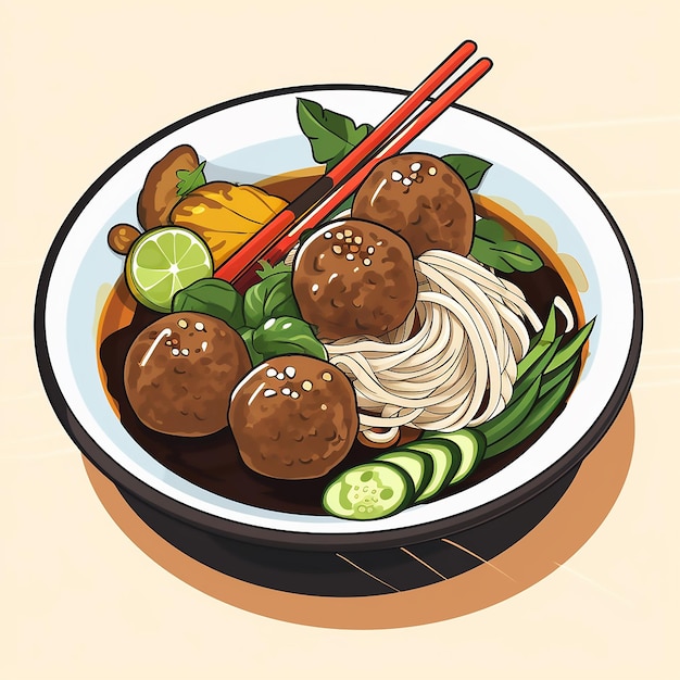 Albóndiga o bakso comida indonesia con fideos y vegetales fondo blanco Diseño plano en un tazón