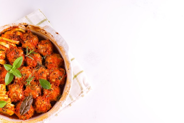 Albóndigas caseras con salsa de tomate en un plato blanco al horno con hierbas sobre superficie blanca de mármol