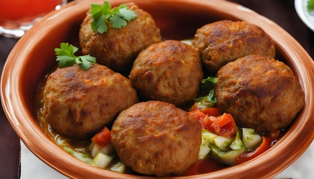 las albóndigas están en un plato con una olla de ensalada