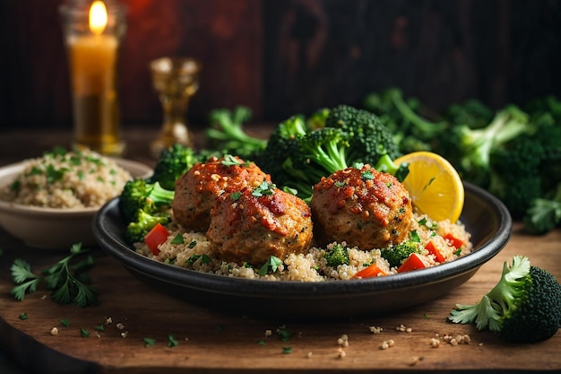 albóndigas de filete de pollo al horno con guarnición de quinua y brócoli hervido nutrición adecuada deportes