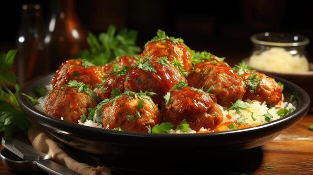 albóndigas con salsa en un recipiente con un fondo negro y borroso