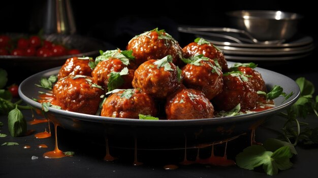 Albóndigas con salsa de tomate derretida en un bol con fondo negro y desenfoque