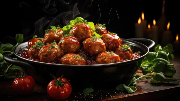 albóndigas con salsa de tomate derretida en un bol con fondo negro y desenfoque