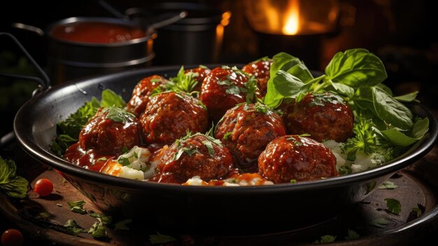 Foto albóndigas con salsa de tomate derretida en un cuenco con un fondo negro y borroso