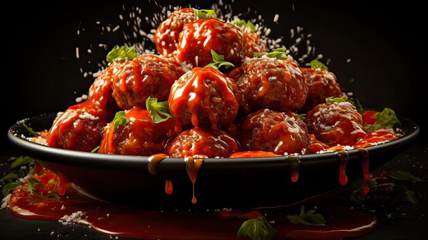 albóndigas con salsa de tomate derretida en un recipiente con fondo negro y desenfoque