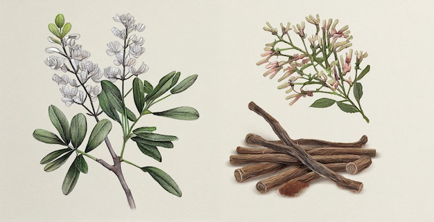 Alcaçuz, Mulethi (Glycyrrhiza Glabra). Ilustração botânica em papel branco.