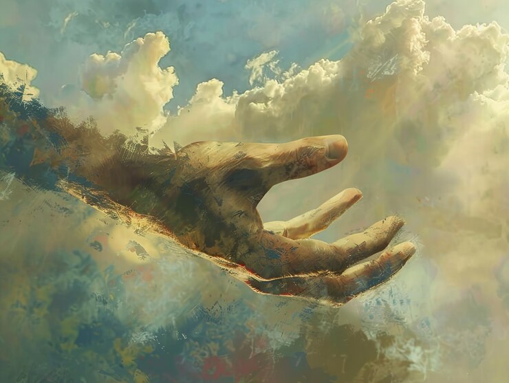 Foto alcançando a pintura abstrata divina de uma mão alcançando as nuvens celestes