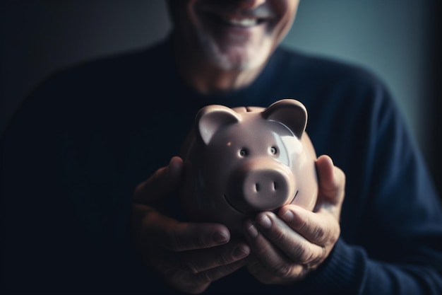 Alcançando o sucesso financeiro Um homem irreconhecível segurando um cofrinho com um sorriso