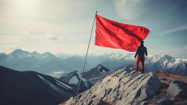 Alcançando um alpinista de conceito de meta com bandeira vermelha na montanha Generative AI