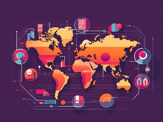 Alcance global y conectividad de podcasts que presentan un mapa mundial con íconos de podcasts u ondas de audio que emanan de diferentes países.