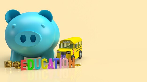 La alcancía azul y la imagen del autobús escolar para ahorrar en educación 3d renderizado