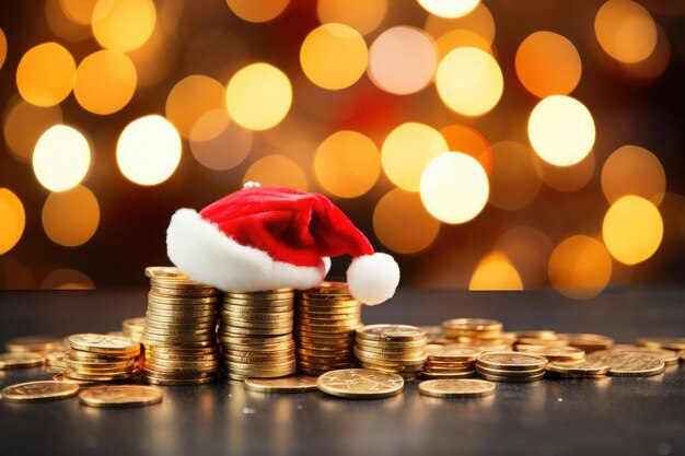 Alcancía con gorro de Papá Noel y monedas de regalo sobre fondo festivo IA generativa