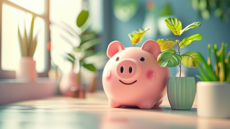 Una alcancía junto a las plantas en un escritorio que simboliza el ahorro y el crecimiento financiero en un entorno verde