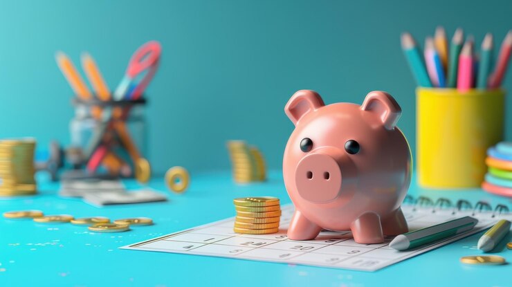 Una alcancía con monedas en un escritorio rodeada de artículos de oficina representa la planificación financiera y el presupuesto