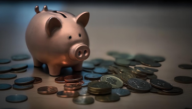 Una alcancía se sienta en una mesa con monedas esparcidas a su alrededor.