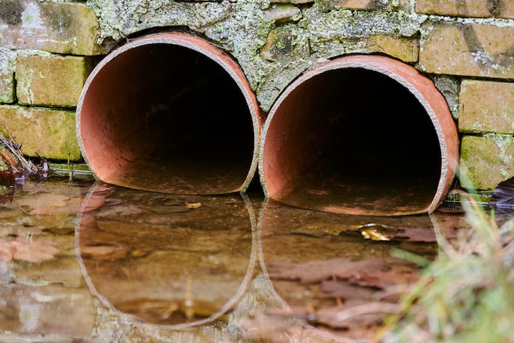 Foto alcantarillas con agua sucia tóxica de tuberías metálicas