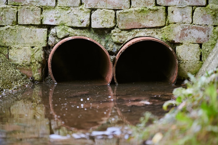 Foto alcantarillas con agua sucia tóxica de tuberías metálicas