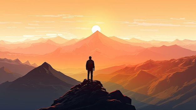 Alcanzar el éxito en 2023 El excursionista llega a la cima de una montaña disfrutando de la vista panorámica