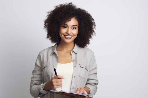 Alcanzar el éxito a través de la educación Inspirando a una mujer afroamericana con cuaderno y lápiz