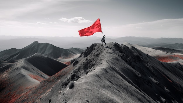 Alcanzar un montañero de concepto de meta con bandera roja en la montaña IA generativa