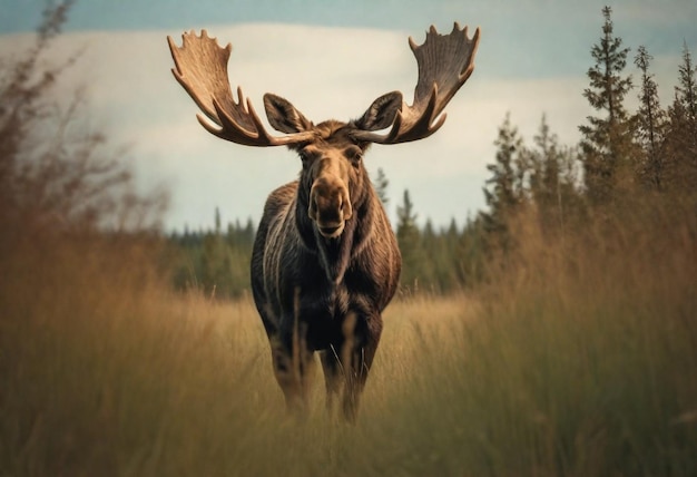 un alce con cuernos se encuentra en un campo con árboles en el fondo