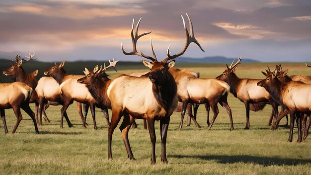 Alce macho cercado por outros em um campo