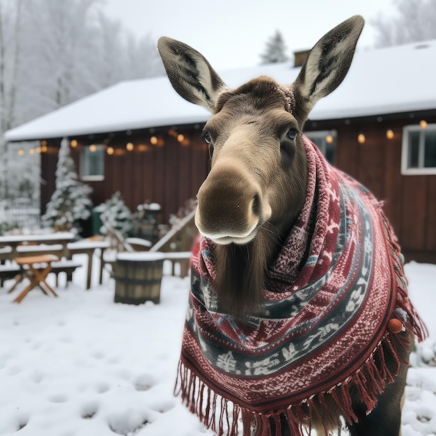 un alce con una manta en la nieve