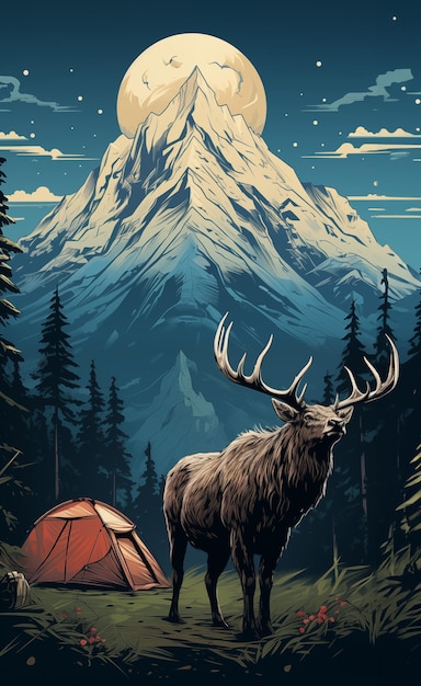 Alce y tienda de campamento con ilustración del pico de la montaña