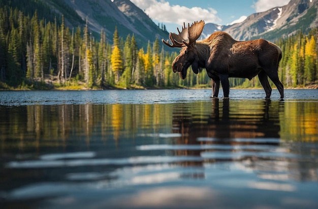 Alces ao lado do Lago Rainbow nas Montanhas