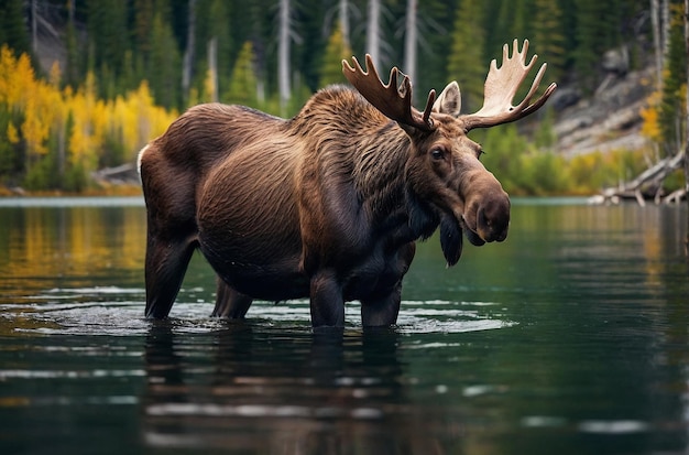 Alces ao lado do Lago Rainbow nas Montanhas