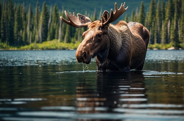 Alces ao lado do Lago Rainbow nas Montanhas