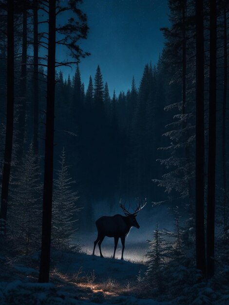 Alces selvagens no deserto da floresta lua à noite