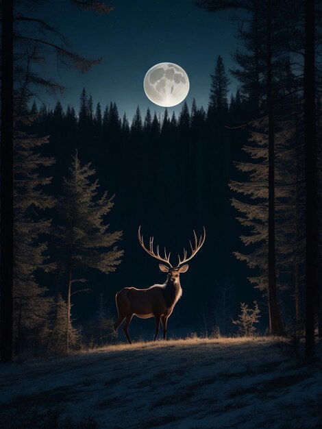 Alces selvagens no deserto da floresta lua à noite