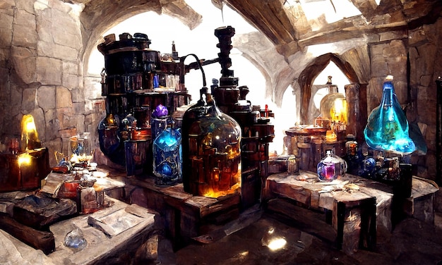 Alchemistische Tischproduktion von Zaubertränken und Elixier Farbige Flaschen und Flaschen stehen auf dem Tisch des Alchemisten-Zauberers Fantasy-Märchen 3d-Illustration