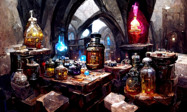 Alchemistische Tischproduktion von Zaubertränken und Elixier Farbige Flaschen und Flaschen stehen auf dem Tisch des Alchemisten-Zauberers Fantasy-Märchen 3d-Illustration