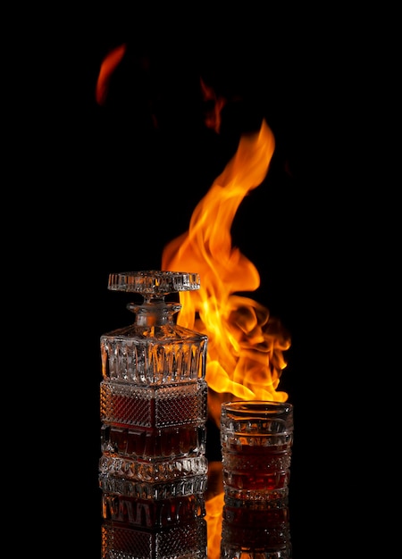Alcohol de élite de lujo en una botella y un vaso en llamas