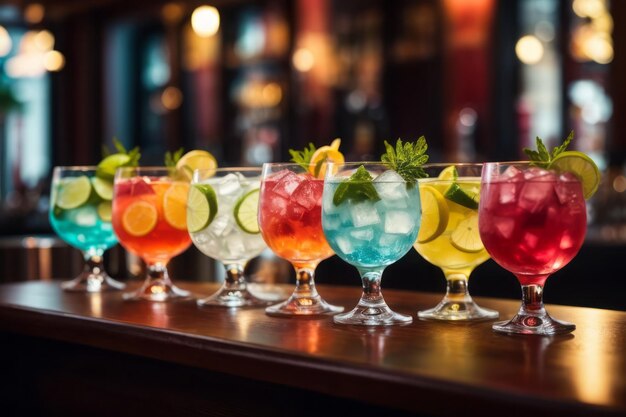 álcool de coquetel gin tonic colorido em copo de vinho na mesa do bar do restaurante