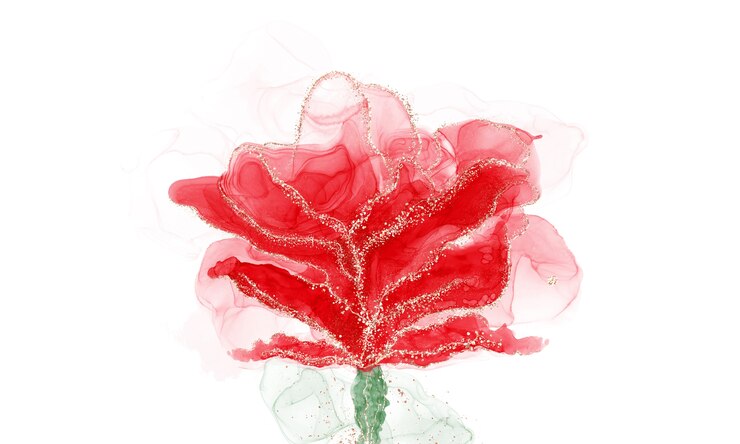 Álcool líquido com tinta vermelha com brilhos dourados em forma de flor